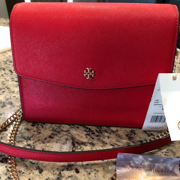 Tory Burch Womens Emerson Red Leather Magnetic Crossbody Handbag Purse NWT - Picture 2 of 7